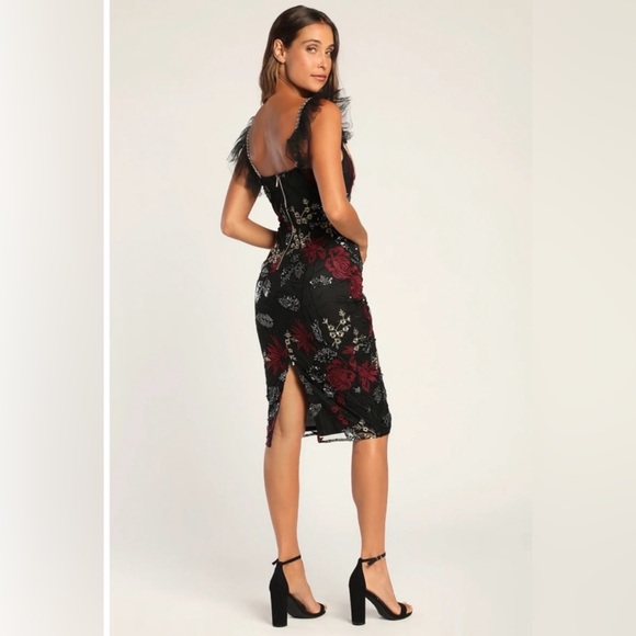 Lulus Show Stopper Black Embroidered Sequin Bodycon Midi Dress - Medium - Picture 4 of 8